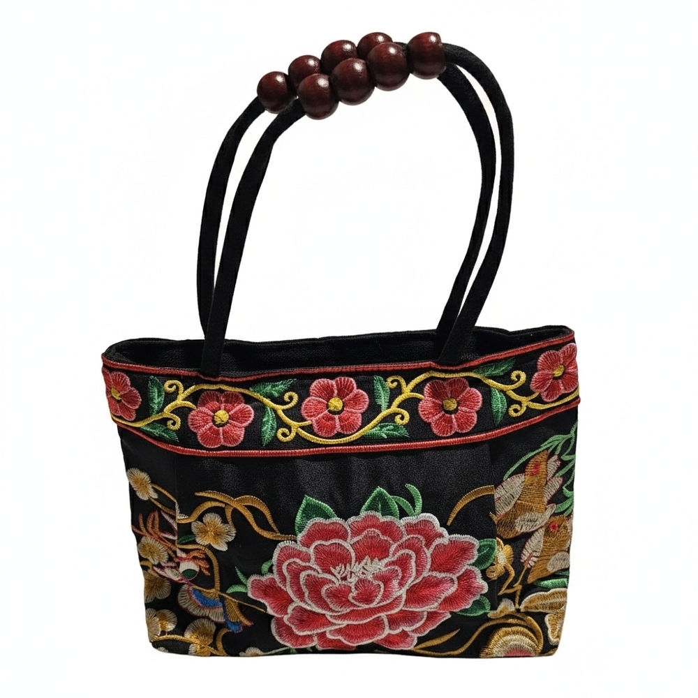 NWOT Asian Inspired Peony Embroidered Bag Wooden Bead Handle Boho Satin Purse